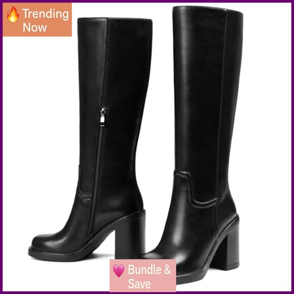 Women's Knee High Boots Wide Calf Platform Chunky Heel Square Toe - Picture 2 of 8
